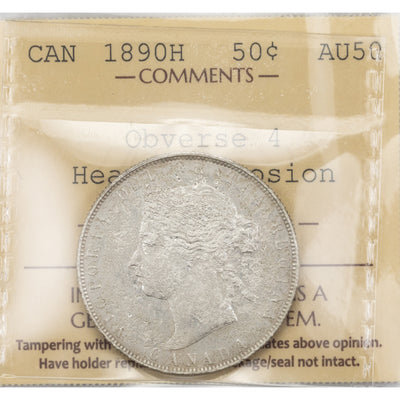 SOLD Canada 1890-H 50 Cents Half Dollar Silver Coin - ICCS AU-50 Heavy Corrosion