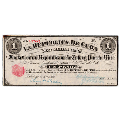 Cuba Junta Central Republicana de Cuba y Puerto Rico 1869 1 One Peso Note P #61 - AU/UNC
