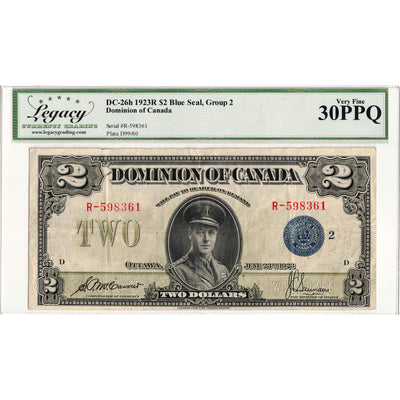 SOLD $2 1923 Dominion of Canada Note Blue Seal Series R DC-26h - Legacy VF-30 PPQ