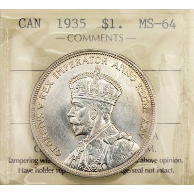 SOLD Canada 1935 $1 Silver Dollar Coin First Year of Issue! - ICCS MS-64