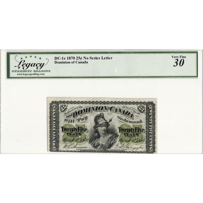 25 Cents 1870 Dominion of Canada Shinplaster Note Plain DC-1c - Legacy VF-30