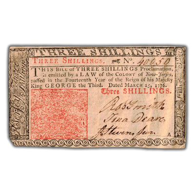 SOLD United States 1776 New Jersey 3 Three Shillings Note