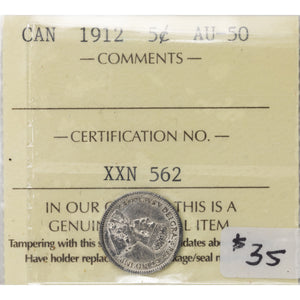 SOLD Canada 1912 5 Cents Silver Coin - ICCS AU-50