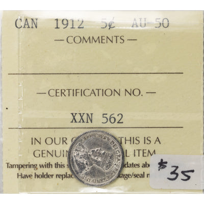 SOLD Canada 1912 5 Cents Silver Coin - ICCS AU-50
