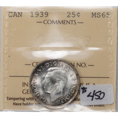 SOLD Canada 1939 25 Cents Quarter Silver Coin - ICCS MS-65