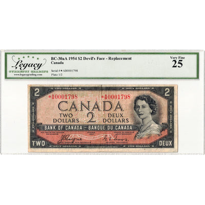 SOLD $2 1954 Bank of Canada Note Devil Face Replacement BC-30aA - Legacy VF-25