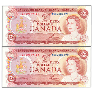 $2 1974 Bank of Canada Notes AGC Prefix BC-47a-i - 2 Consecutive Ch UNC