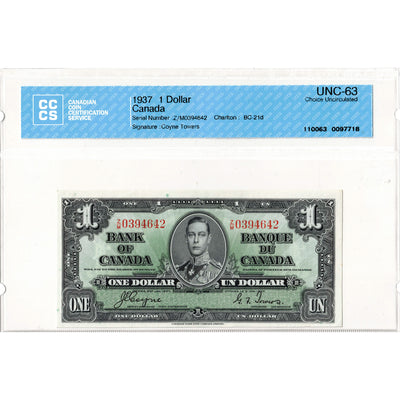 $1 1937 Bank of Canada Note Coyne-Towers Z/M Prefix BC-21d - CCCS UNC-63