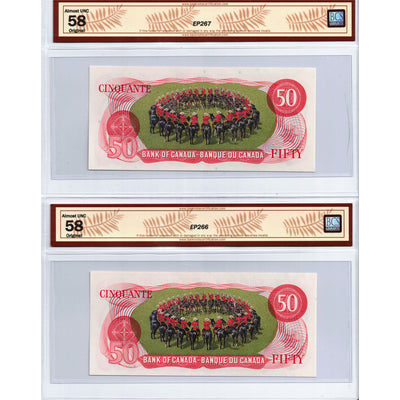 SOLD $50 1975 Bank of Canada Notes EHK Prefix BC-51b - BCS AU-58 2 Consecutive