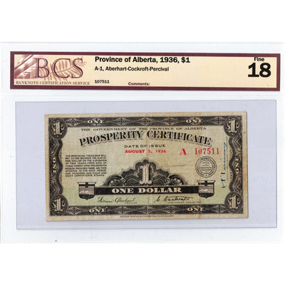 $1 1936 Province of Alberta Prosperity Certificate Note No Stamps A-1 - BCS F-18
