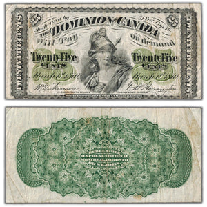 SOLD 25 Cents 1870 Dominion of Canada Shinplaster Note Plain DC-1c - Fine+ (minor stains)