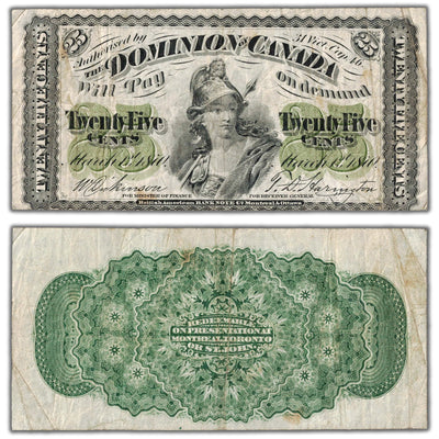 SOLD 25 Cents 1870 Dominion of Canada Shinplaster Note Plain DC-1c - Fine+ (minor stains)