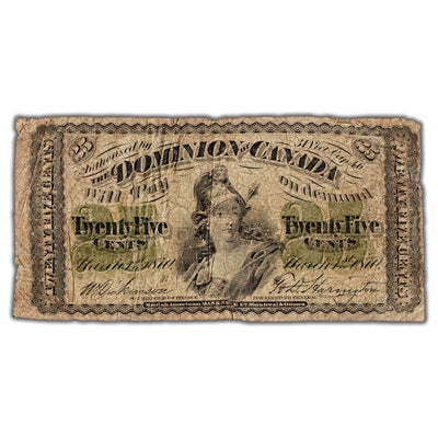25 Cents 1870 Dominion of Canada Shinplaster Note Letter 'B' DC-1b - VG (minor pinholes)