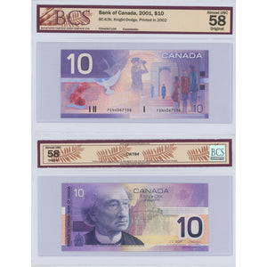 SOLD $10 2001 Bank of Canada Note Knight-Dodge FEN Prefix BC-63b - BCS AU-58