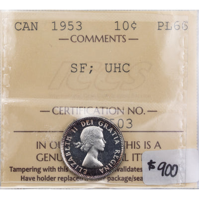 SOLD Canada 1953 SF 10 Cents Silver Coin - ICCS PL-66 UHC Ultra Heavy Cameo