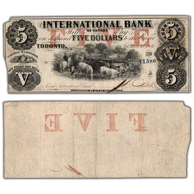 SOLD $5 1858 International Bank of Canada Note #380-10-10-16 - Damaged