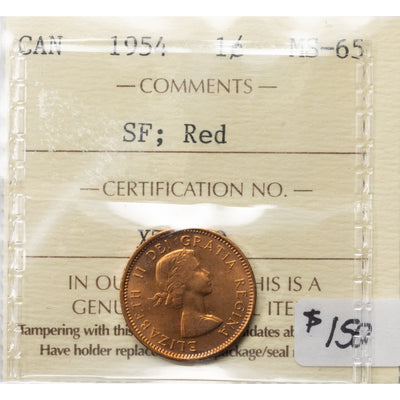 SOLD Canada 1954 SF 1 Small Cent Coin - ICCS MS-65 Red
