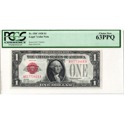 SOLD United States 1928 $1 Legal Tender Note Red Seal Fr. 1500 - PCGS Ch UNC-63 PPQ