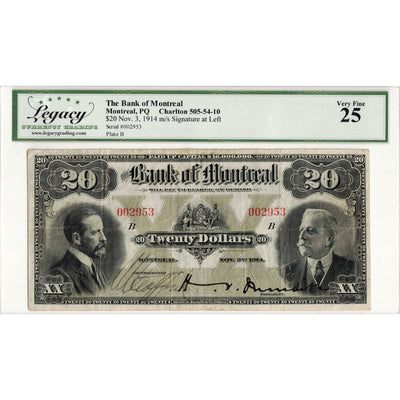 $20 1914 Bank of Montreal Canada Chartered Note #505-54-10 - Legacy VF-25