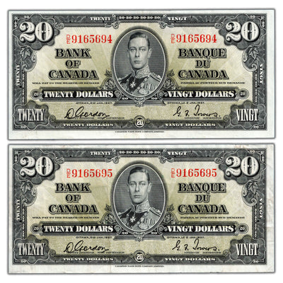 SOLD $20 1937 Bank of Canada Notes D/E Prefix BC-25b - 2 Consecutive Circulated