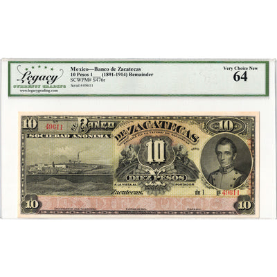 Mexico Banco De Zacatecas ND (1891-1914) 10 Ten Pesos Remainder Note P #S476r - Legacy UNC-64