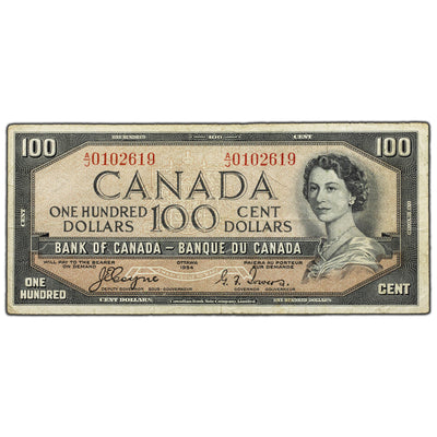 SOLD $100 1954 Bank of Canada Note Devil Face A/J Prefix BC-35a - Fine