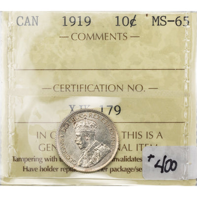 SOLD Canada 1919 10 Cents Dime Silver Coin - ICCS MS-65