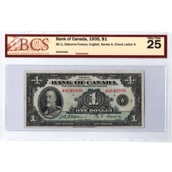 $1 1935 Bank of Canada Note English Text Letter 'A' BC-1 - BCS VF-25