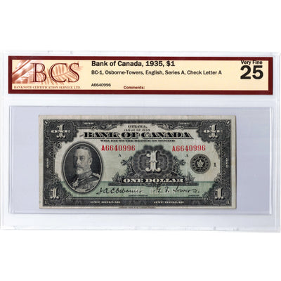$1 1935 Bank of Canada Note English Text Letter 'A' BC-1 - BCS VF-25