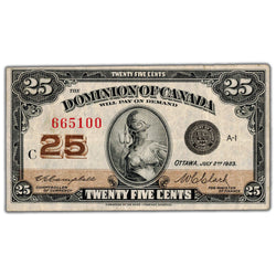 25 Cents 1923 Dominion of Canada Shinplaster Note DC-24d - VF+