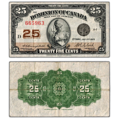 25 Cents 1923 Dominion of Canada Shinplaster Note DC-24d - VF (two small pinholes)
