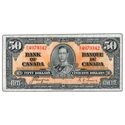 SOLD $50 1937 Bank of Canada Note Coyne-Towers B/H Prefix BC-26c - Cleaned/Small Tears
