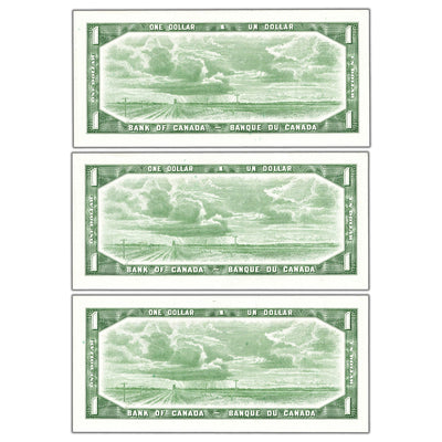 $1 1954 Bank of Canada Notes V/F Prefix BC-37c - 3 Consecutive AU-58
