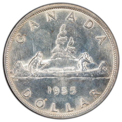 Canada 1955 Fu Manchu $1 Silver Dollar Coin - Almost Uncirculated (lt. cleaned)