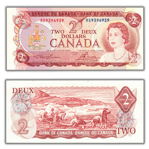 SOLD $2 1974 Bank of Canada Note RG Prefix BC-47a - 3 Digit Radar - Ch UNC