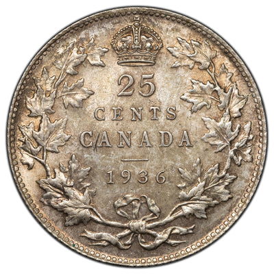 Canada 1936 25 Cents Quarter Silver Coin - UNC+