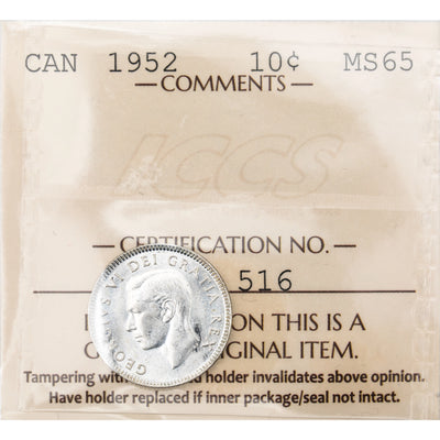 Canada 1952 10 Cents Dime Silver Coin - ICCS MS-65