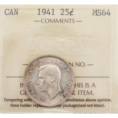 Canada 1941 25 Cents Quarter Silver Coin - ICCS MS-64