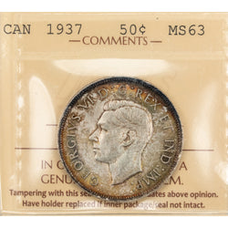 Canada 1937 50 Cents Half Dollar Silver Coin - ICCS MS-63