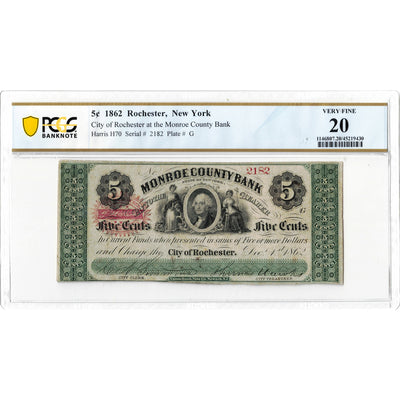 SOLD United States 1862 5 Cents Monroe County Bank Note - PCGS VF-20