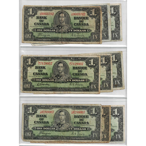 SOLD Lot of 9 $1 1937 Bank of Canada Notes - All Circulated Grades