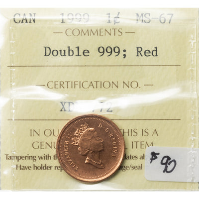 SOLD Canada 1999 Double 999 1 Small Cent Coin - ICCS MS-67 Red
