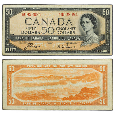 SOLD $50 1954 Bank of Canada Note Devil Face A/H Prefix BC-34a - F/VF