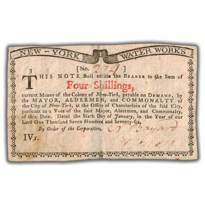 SOLD United States New York Water Works 1776 4 Four Shillings Colonial Note NY #196