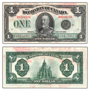 SOLD $1 1923 Dominion of Canada Note Black Seal Series D DC-25n - VF/EF (stained)