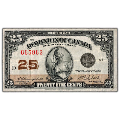 25 Cents 1923 Dominion of Canada Shinplaster Note DC-24d - VF (two small pinholes)