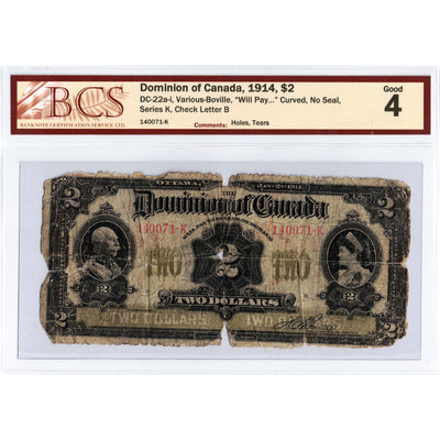 SOLD $2 1914 Dominion of Canada Note Series K DC-22a-i - BCS G-4