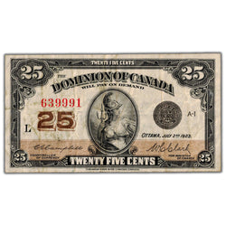 25 Cents 1923 Dominion of Canada Shinplaster Note DC-24d - F/VF