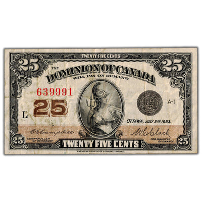 25 Cents 1923 Dominion of Canada Shinplaster Note DC-24d - F/VF