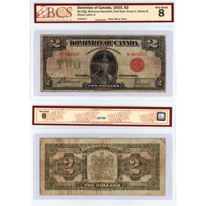 SOLD $2 1923 Dominion of Canada Note Red Seal Series N DC-26g - BCS VG-8